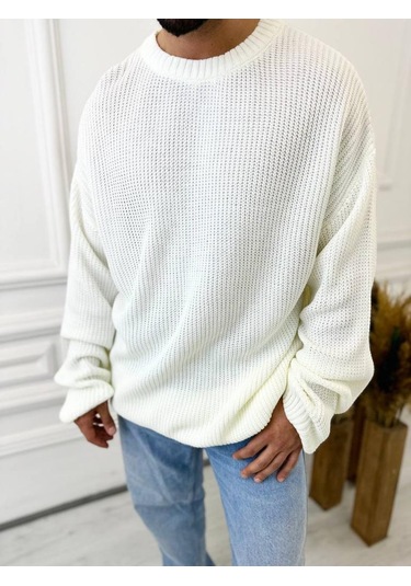 Kazak Oversize Çift Kat Örme Naturel Pamuk Bol Kesim Tüylenmeyen Salaş Triko Kazak Beyaz