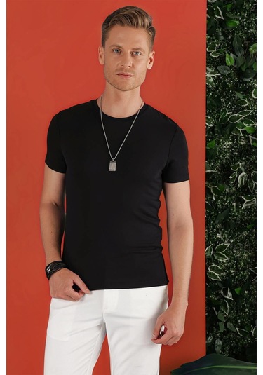 Slim Fit Bisiklet Yaka Düz Pamuklu Siyah Tişört Ts 823 Siyah