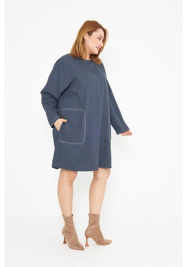 Koyu Mavi Dikiş Detaylı Büyük Beden Tunik Mavi