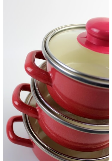 3 Lü Lüks Emaye Mini Tencere Seti Kırmızı 12/14/16cm