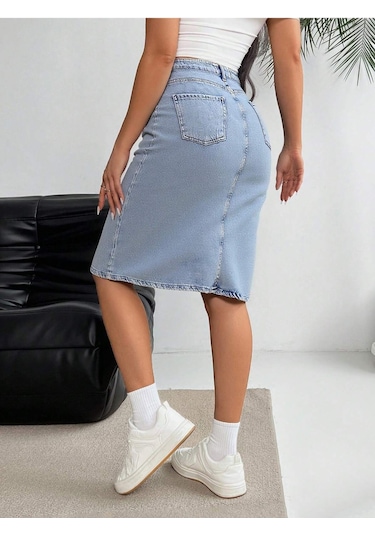 Shevega Kadın Taş Yikama Ön Fermuar Detayli Kot Etek Mavi