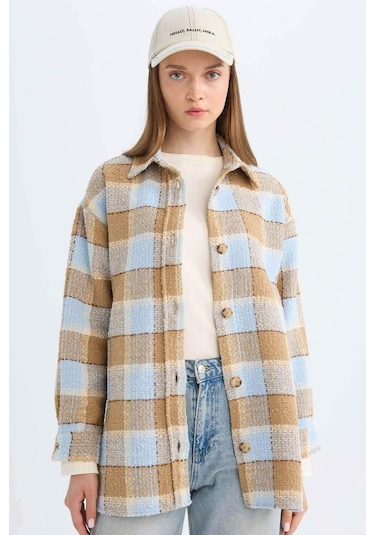 Defacto Relax Fit Gömlek Yaka Kareli Flanel Uzun Kollu Gömlek Tunik D4774AX24AUBE409 Mavi