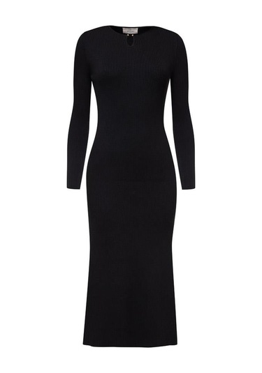 Styleboom X Peraluna Dorset Dress Toka Detaylı Ribana Örgü Midi Kadın Triko Elbise - Siyah-siyah Siyah