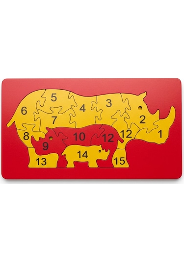 Eğitici Ahşap Gergedan Ailesi Puzzle - 15 Parça Sayı Öğretici - 26x15 Cm Mdf