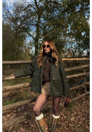 Haki Kadife Ek Yaka Detaylı Mont - 5132 Haki