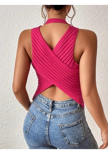 Kadın Sıfır Kol Sırt Çapraz Detay Triko Bluz Pembe