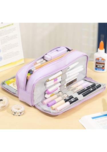 Okul Genç Kız Erkek İçin Büyük Kapasiteli Kalem Kutusu 3 Bölmeli Kese Kalem Çantası-mor