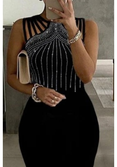 Ahes Shopping Kadın Omuz Çoklu Askılı Önü Taş Işlemeli Balık Kesim Janjan Krep Maxi Boy Elbise Siyah