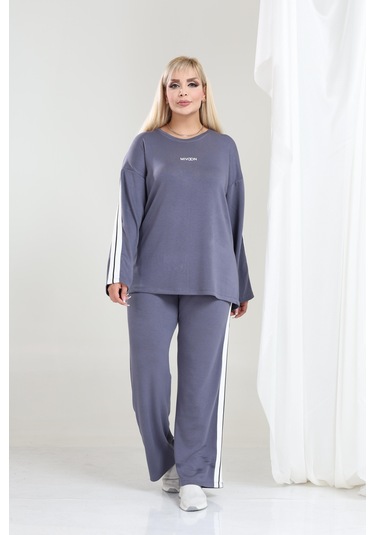 Kadın Büyük Beden Uzun Kollu Şerit Detaylı Oysho Tarzı Modal Kumaş Takım Gri