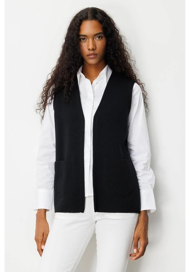 Desen Triko Kadın V Yaka Çelik Örgü Yün Anne Yelek 25044 Siyah Siyah