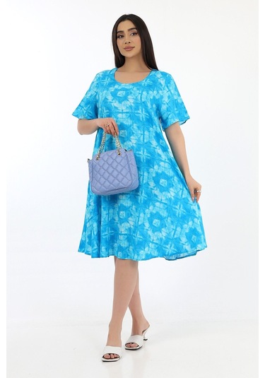 Schık Kadın Viskon Yarım Kol Kare Yaka Elbise Turkuaz Turkuaz