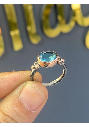 Magümüş El Üretim Doğal Oval Akuamarin Otantik 925 Ayar Gümüş Yüzük