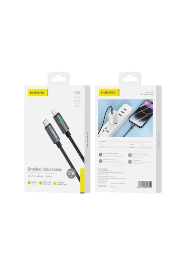 Foneng Xs08 27w Type-c To Lightning Işıklı Örgü 1.2m Hızlı Data Ve Şarj Kablosu