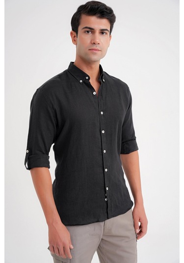 Comfort Fit Düğme Yaka Katlanır Kol %100 Keten Düz Siyah Gömlek G 1595 Siyah