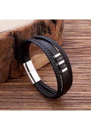 Erkek Hakiki Deri Bileklik Siyah Manyetik Toka Bileklik Db5019 Gri