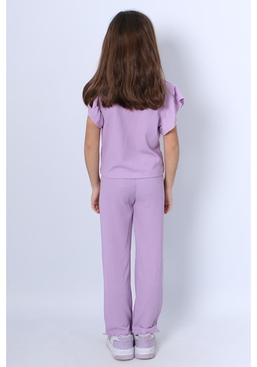 Kız Çocuk İkili Takım Fırfırlı Papatya Nakışlı F11 Lila