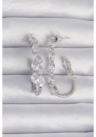 Pirinç Gümüş Renk Damla Zirkon Taş Tasarımlı Küpe