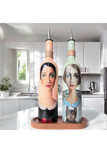 Kadın Desenli 750 Ml Zeytinyağı Sıvıyağ Şişesi Yağdanlık Yağlık Sirkelik Sosluk 2'li Set 56889110 Çok Renkli