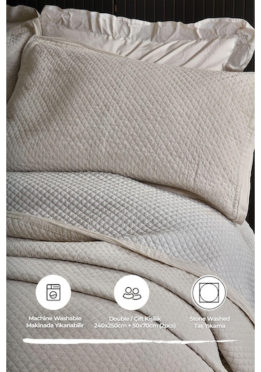Evlen Home %100 Pamuk Çift Kişilik Özel Taş Yıkama Yatak Örtüsü Lüks Yumuşak Dayanıklı Modern Vitali Bej