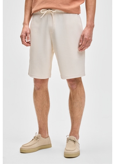 Grimelange MALYES Erkek Beli Lastikli Kordonlu Yanda Çift Arkada Tek Cepli Relaxed Fit Krem Şort & Bermuda