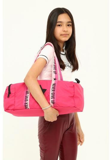 Kız Çocuk Yıldız Baskılı Spor Çanta, Yan Cepli Spor Çanta, Pembe Fuşya