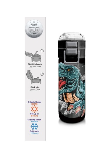 Coral High Kids Koyu Gri Siyah Dinozor Desenli Pipetli Ve Direkt İçim Çelik Termos 500 Ml 31822 Siyah