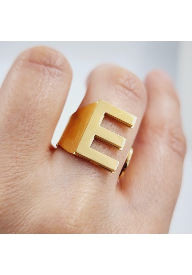 Çelik Gold Düz Kesim Harf Yüzük -e Harfi- Ayarlı Ölçü-1892