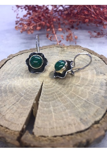 Malahit Malakit Taşı Gümüş Küpe 925 Ayar Doğal Taş