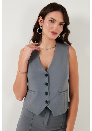 Lela Streç Fitted Fit V Yaka Düğmeli Bayan Yelek 5865971 Füme