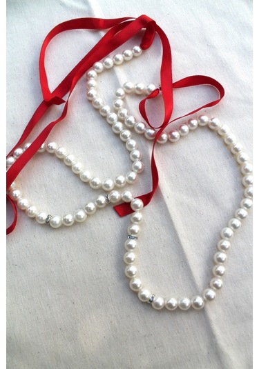 Kırmızı Kurdeleli Krem İncili Söz & Nişan Kurdelesi