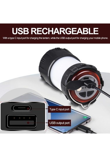 Tomshoo Led Kamp Feneri Tip C Şarj Edilebilir Kamp Işığı Suya Dayanıklı Taşınabilir Çadır Işığı Siyah