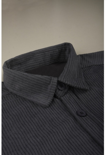 Deepsea Erkek Füme Kadife Fitilli Rahat Kesim Gömlek Yumuşak Dokulu Likralı Kadife Gömlek 2600758 Füme