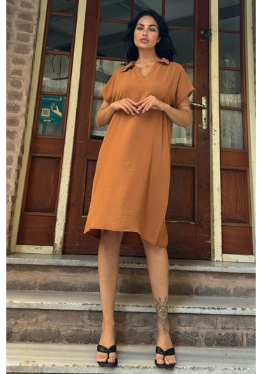 Taba Desenli Polo Yaka Rahat Midi Airobin Elbise Taba