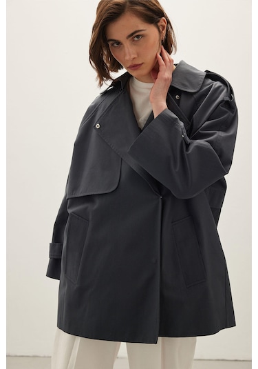 Oversıze Kısa Trençkot Lacivert Lacivert