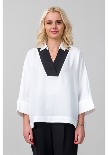 Kadın Gömlek Yakalı Yaka İndigo Mavi Kol Ucu Manşetli İnce Kot Kumaş Bluz Beyaz