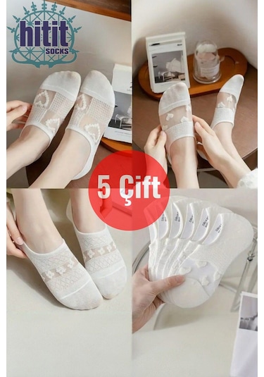 Kadın 5 Çift Premium Kalite Kalp Desenli Tül Çorap Beyaz ASORTİ