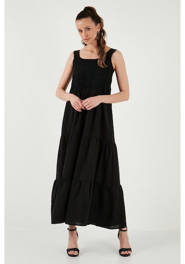 Lela Relaxed Fit Volanlı Uzun Bayan Elbise 611El010 Siyah