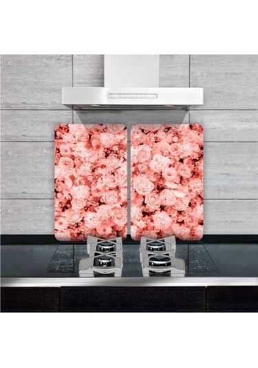 Dekoratif Cam Ocak Koruyucu ve Kesim Tahtası Çoklu Güller 60Cm X