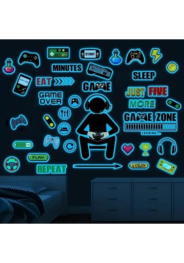 Dianziye Oyun Odası Dekorasyon Stickeri - Yıldızlı Işıklı Oyun Kontrolcü Desenli, Oyuncu Odası Duvar Sticker Seti 30x20 Cm Beyaz