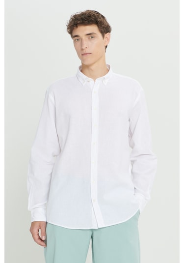 Erkek Beyaz Comfort Fit Rahat Kesim Düğmeli Yaka Keten Gömlek Beyaz