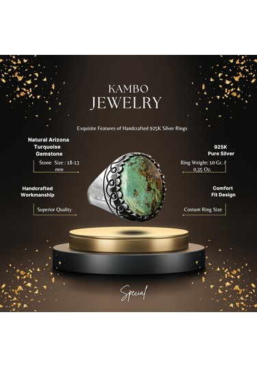 Gerçek Arizona Yeşil Turkuaz Taşı Yüzük, 925 Ayar Gümüş Yüzük Erkekler İçin Gümüş