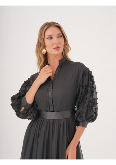 Dantel Detaylı Kemerli Şifon Gömlek Elbise Siyah