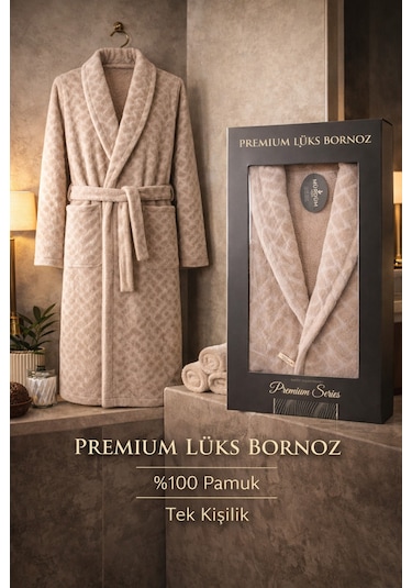 %100 Pamuktan Üretim Premium Lüks Bornoz Özel Çantalı Bej