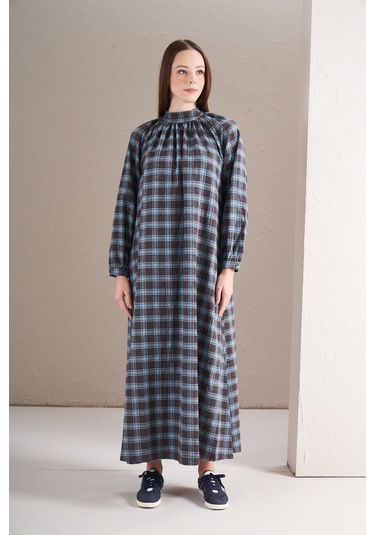 Boynu Büzgülü Elbise Küçük Kareli Kahve Lacivert Kahverengi - Lacivert