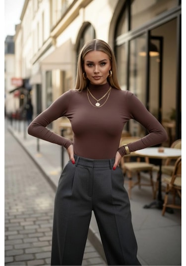 3 Lü Parmak Geçmeli Kadın Body Seti Kahverengi