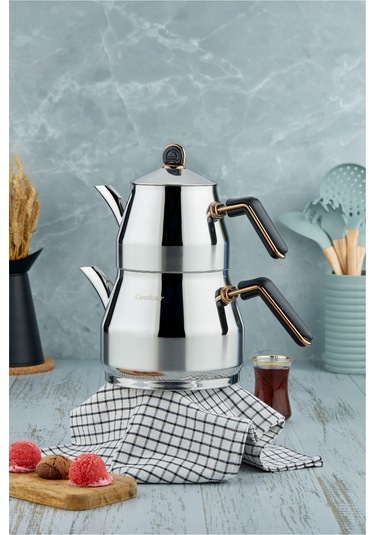 Everest 18/10 Paslanmaz Çelik Aile Boy Çaydanlık 1,40 L Demlik 2,75 L Alt Hazne Siyah