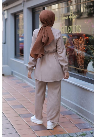 Hakim Yaka Detaylı Tesettür Vizon Takım Vizon