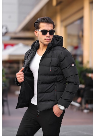 Erkek Siyah Dar Kesim Kapüşonlu Dik Yaka Şişme Mont