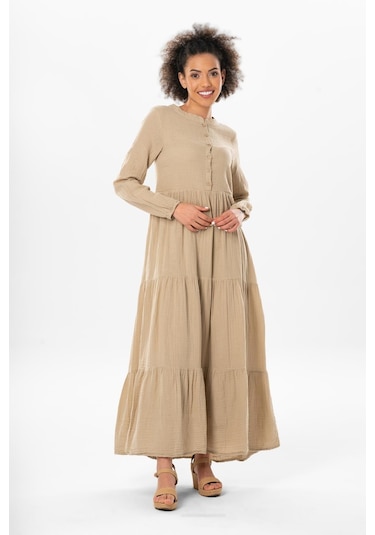 Uzun Kol Akay Uzun Düğme Detay Yazlık Müslin Elbise Vizon Vzn-vizon Vizon