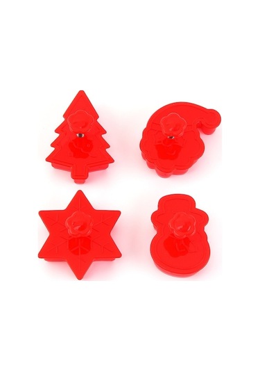 4 Parça, Şenlikli Noel Kurabiyesi Piston Kek Kalıbı Kırmızı KIrmızı